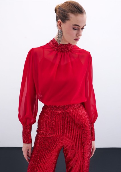 Payet Detaylı Bluz - Kırmızı fiyatları