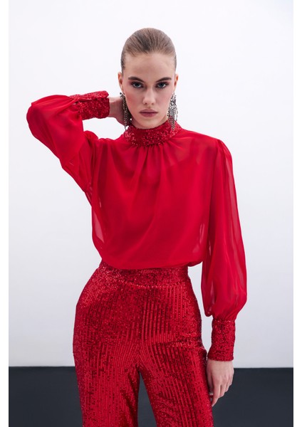 Payet Detaylı Bluz - Kırmızı modelleri