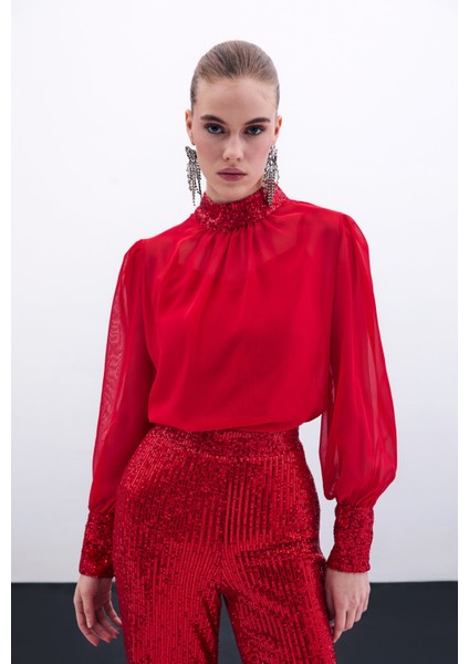 Payet Detaylı Bluz - Kırmızı fırsatları