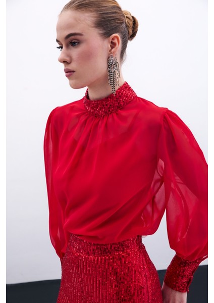 Payet Detaylı Bluz - Kırmızı indirimleri