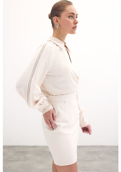 Kolları Inci Detaylı Bluz - Bej fiyatları