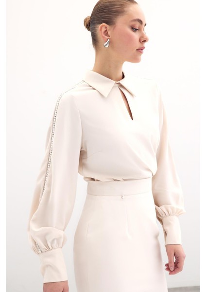 Kolları Inci Detaylı Bluz - Bej modelleri