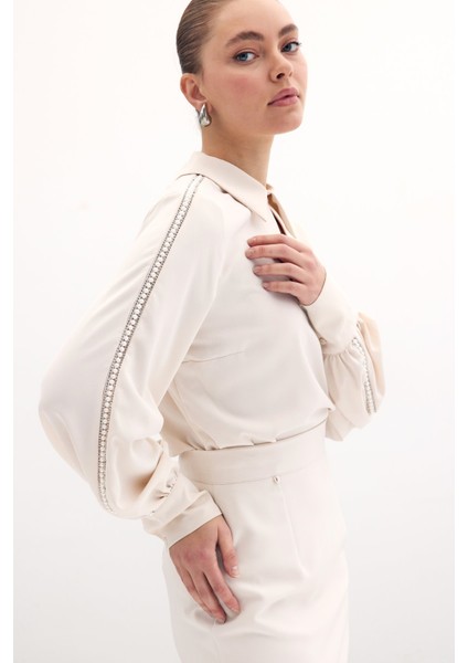 Kolları Inci Detaylı Bluz - Bej fırsatları