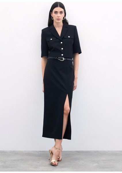 Yırtmaçlı Kemerli Uzun Etek - Siyah