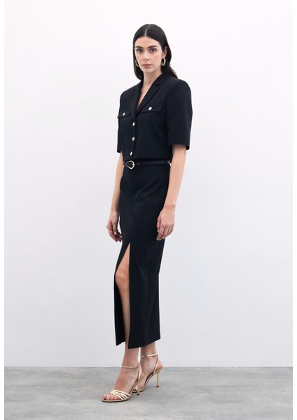 Yırtmaçlı Kemerli Uzun Etek - Siyah fiyatları