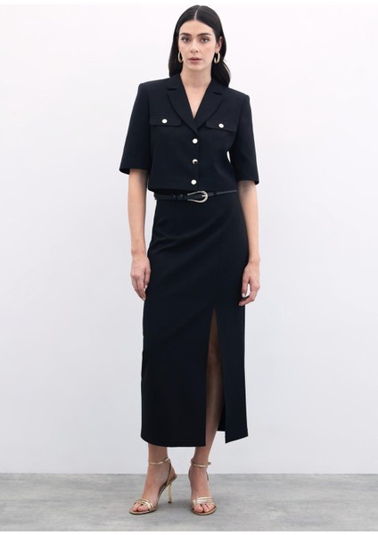 Yırtmaçlı Kemerli Uzun Etek - Siyah modelleri