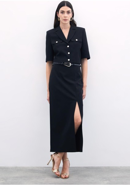 Yırtmaçlı Kemerli Uzun Etek - Siyah fırsatları