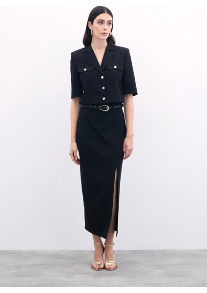 Yırtmaçlı Kemerli Uzun Etek - Siyah indirimleri