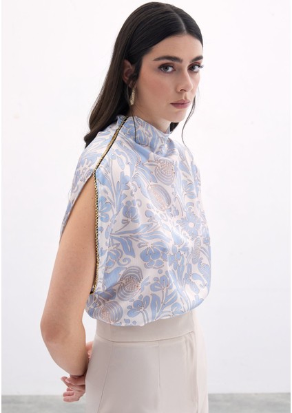 Aksesuarlı Yarasa Kol Bluz - Mavi