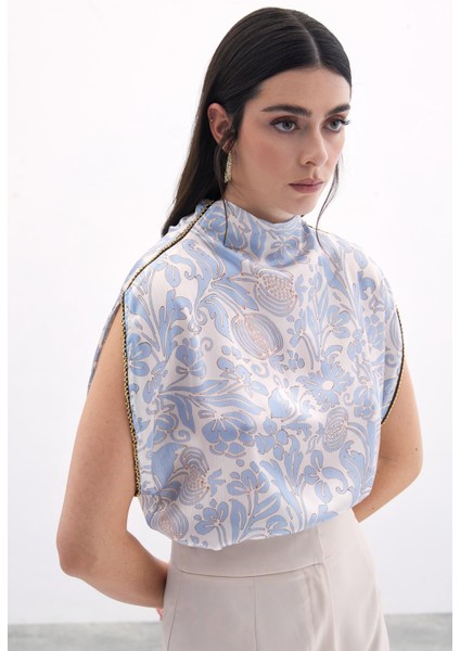 Aksesuarlı Yarasa Kol Bluz - Mavi modelleri