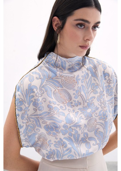 Aksesuarlı Yarasa Kol Bluz - Mavi fırsatları