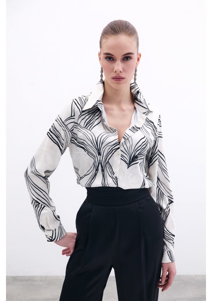 Desenli Saten Gömlek - Siyah