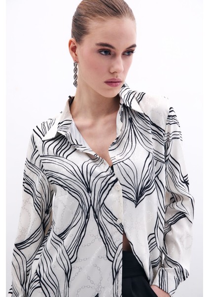 Desenli Saten Gömlek - Siyah indirimleri