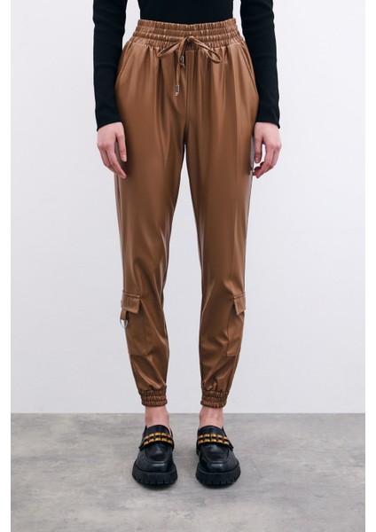 Bel Lastikli Deri Jogger Pantolon - Bej fırsatları