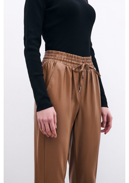 Bel Lastikli Deri Jogger Pantolon - Bej indirimleri