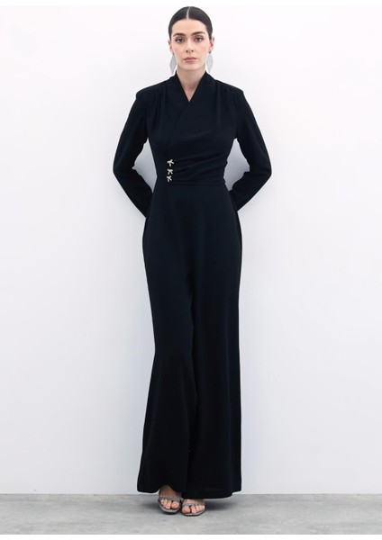 Fiyonk Aksesuarlı Krep Tulum - Siyah fiyatları