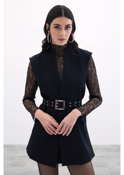 Kemerli Uzun Yelek - Siyah fırsatları