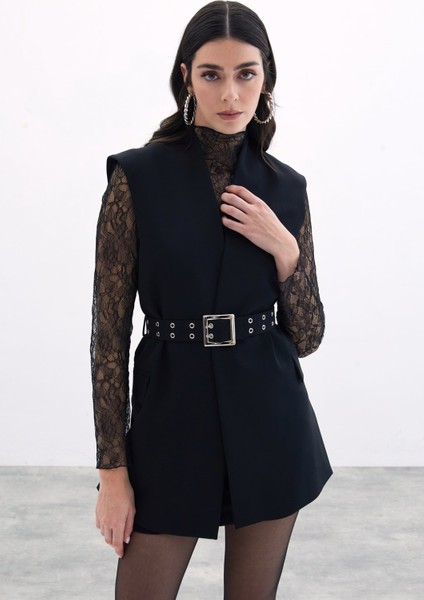 Kemerli Uzun Yelek - Siyah indirimleri