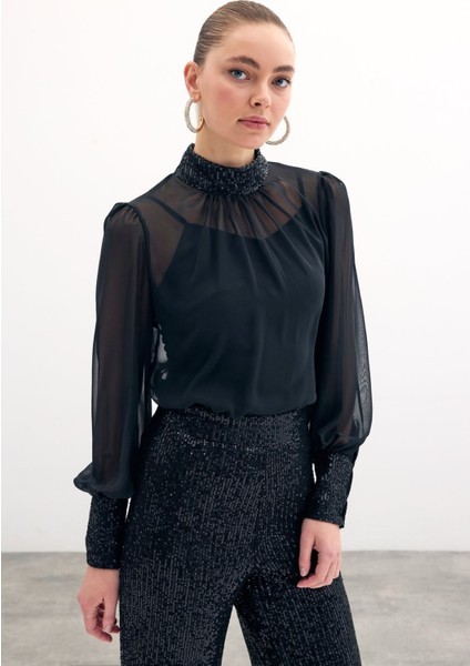 Payet Detaylı Bluz - Siyah