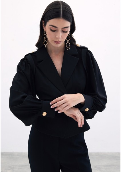 Kruvaze Kısa Ceket - Siyah indirimleri