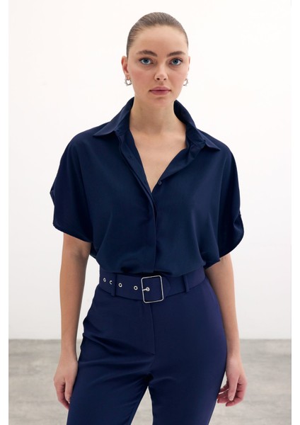 Kol Detaylı Salaş Gömlek - Lacivert