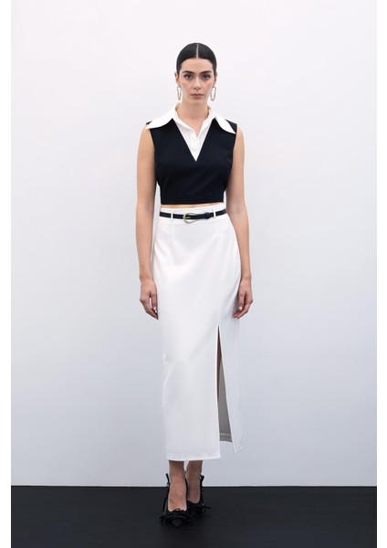 Yırtmaçlı Kemerli Uzun Etek - Ekru modelleri