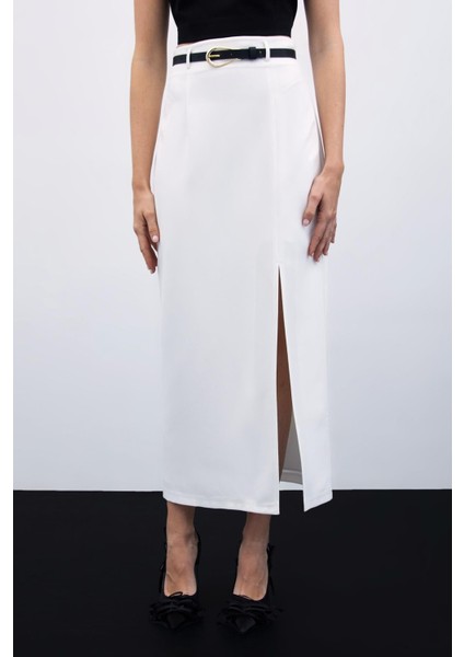 Yırtmaçlı Kemerli Uzun Etek - Ekru fırsatları