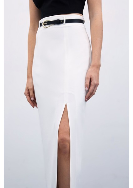 Yırtmaçlı Kemerli Uzun Etek - Ekru indirimleri