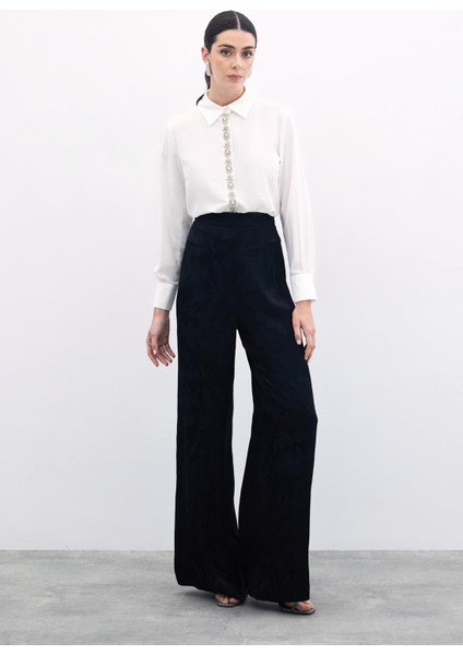 Jakarlı Bol Paça Pantolon - Siyah