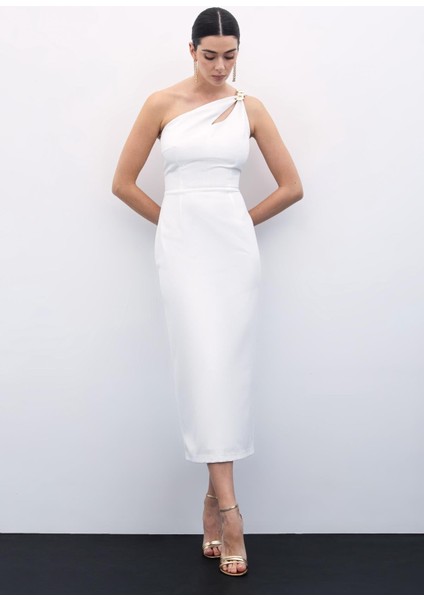 Aksesuar Detaylı Elbise - Ekru