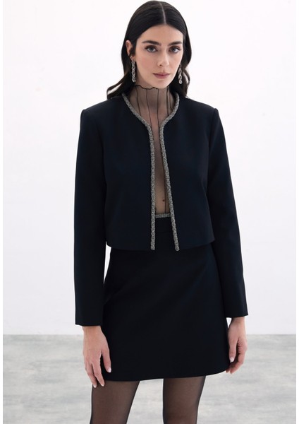 Boncuklu Kısa Ceket - Siyah