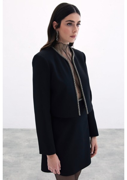 Boncuklu Kısa Ceket - Siyah indirimleri