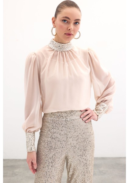 Payet Detaylı Bluz - Bej