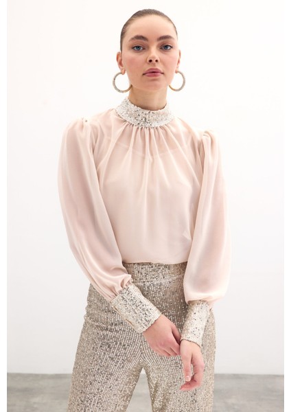 Payet Detaylı Bluz - Bej fiyatları