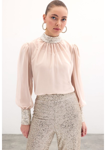 Payet Detaylı Bluz - Bej modelleri