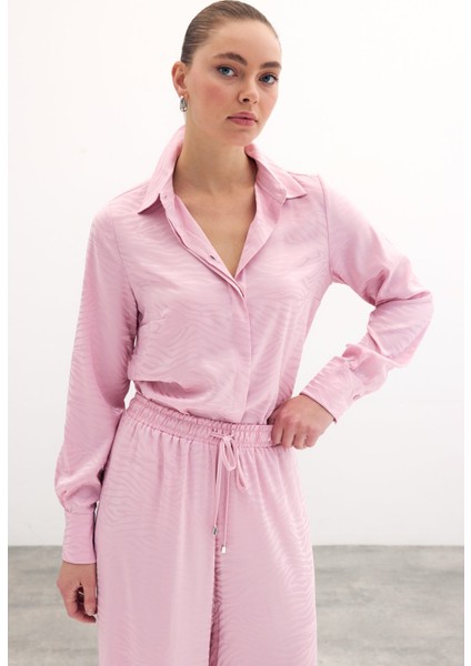 Desenli Düz Klasik Gömlek - Pudra