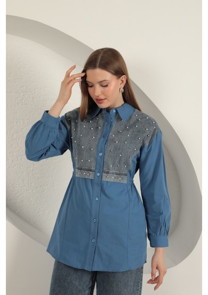 Poplin Kumaş Önü Inci Detaylı Indigo Kadın Gömlek