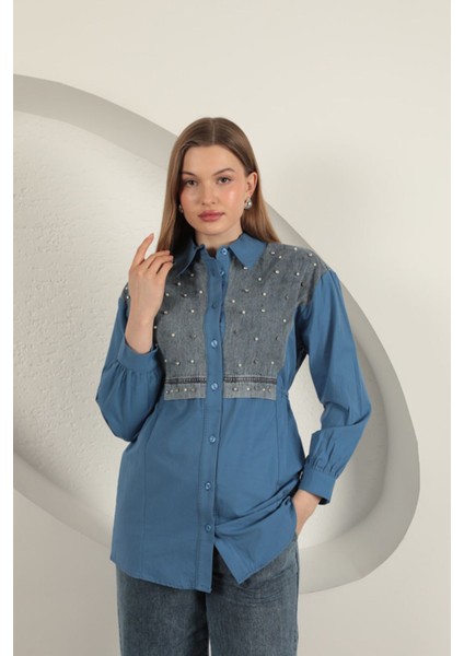 Poplin Kumaş Önü Inci Detaylı Indigo Kadın Gömlek