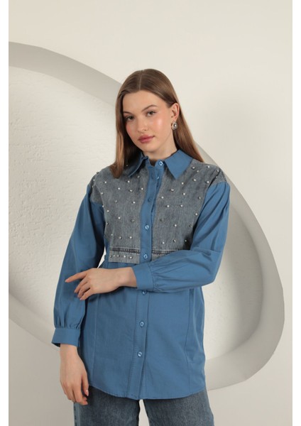 Poplin Kumaş Önü Inci Detaylı Indigo Kadın Gömlek