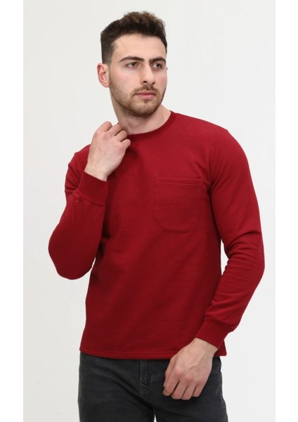 İki İplik Sıfır Yaka Bordo Sweatshirt