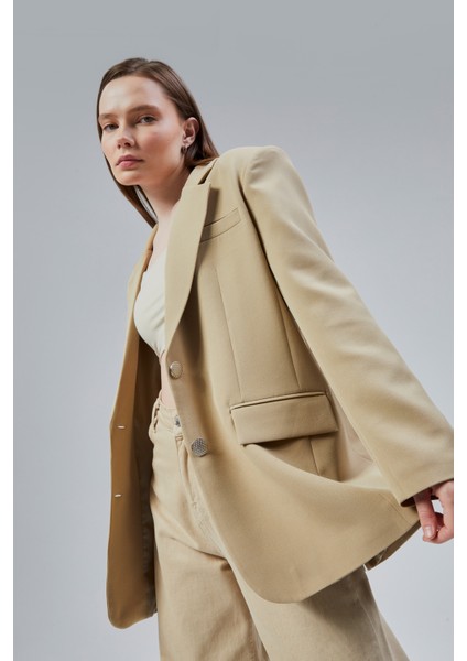 Kadın Oversize Düz Kesim Astarlı Dokuma Blazer Ceket