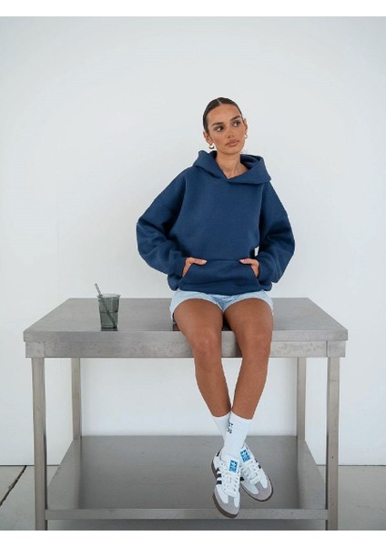 Kapüşonlu Içi Polar Indigo Unisex Oversize Hoodie Sweatshirt