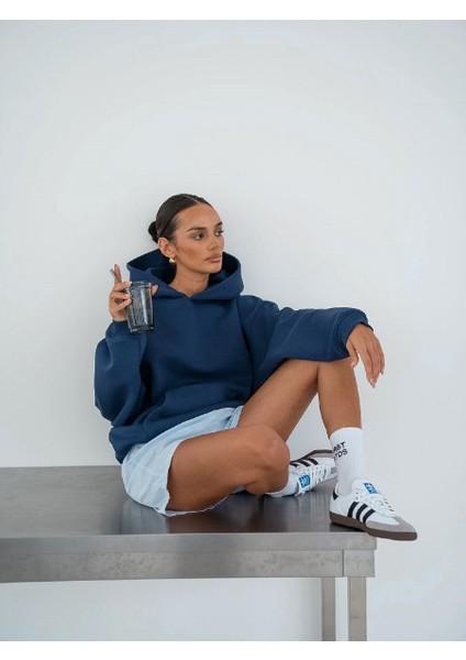 Kapüşonlu Içi Polar Indigo Unisex Oversize Hoodie Sweatshirt fiyatları