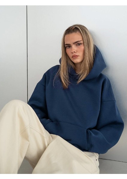 Kapüşonlu Içi Polar Indigo Unisex Oversize Hoodie Sweatshirt fırsatları