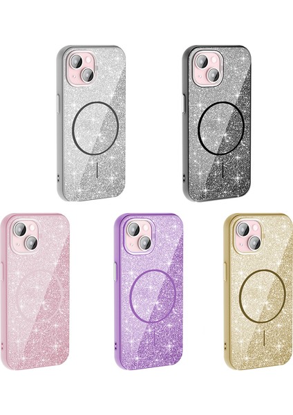 Apple iPhone 15 Kılıf Magsafe Şarj Özellikli Parlayan Simli Okso Kapak - Gold modelleri