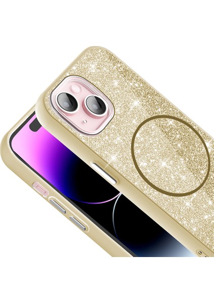 Apple iPhone 15 Kılıf Magsafe Şarj Özellikli Parlayan Simli Okso Kapak - Gold indirimleri