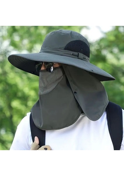Boyun Kapaklı Güneş Koruyuculu Nefes Alabilen Maskeli ve Geniş Kenarlı Balıkçı Şapkası