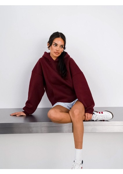 Kapüşonlu Içi Polar Bordo Unisex Oversize Hoodie Sweatshirt
