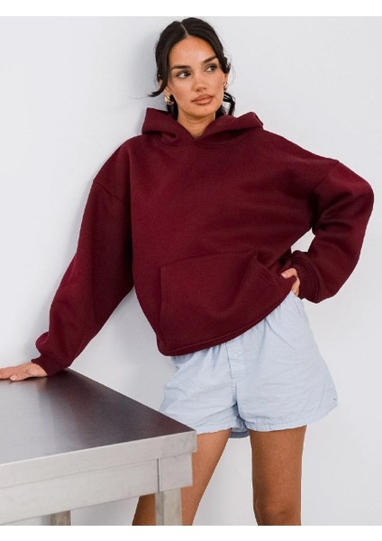Kapüşonlu Içi Polar Bordo Unisex Oversize Hoodie Sweatshirt fiyatları