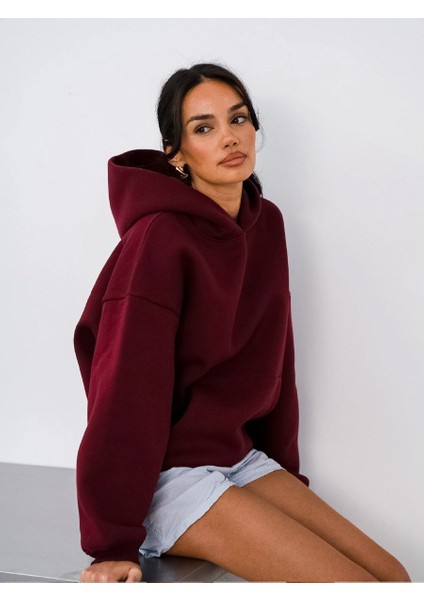 Kapüşonlu Içi Polar Bordo Unisex Oversize Hoodie Sweatshirt modelleri